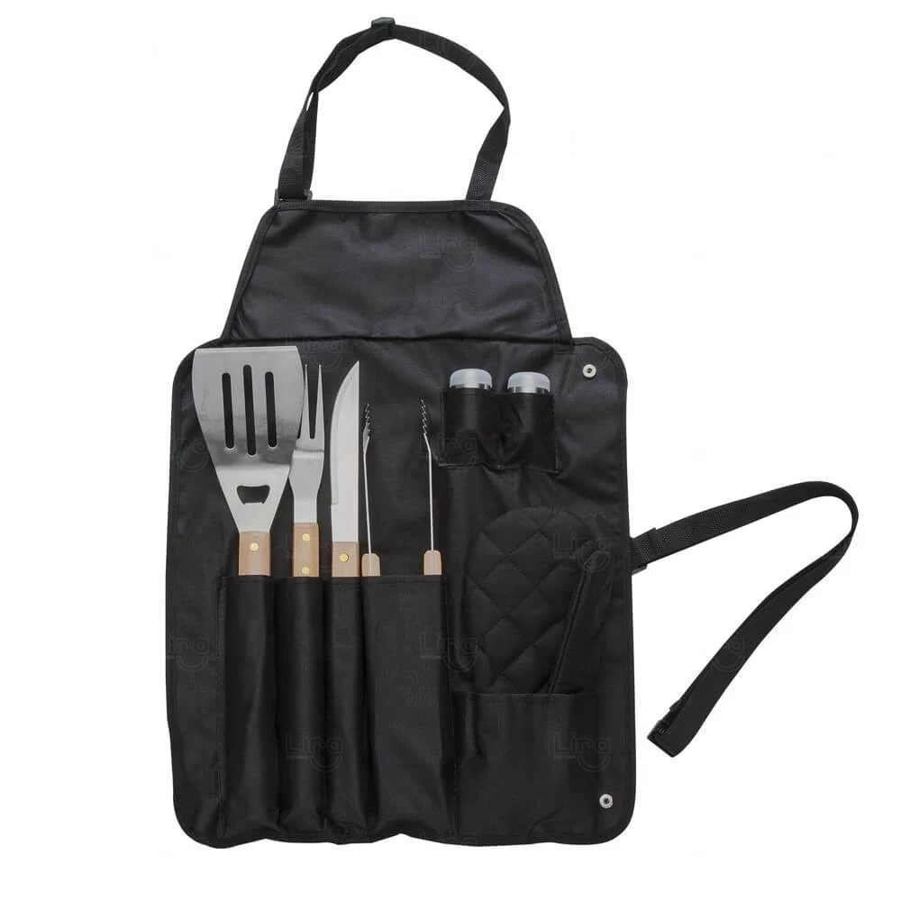 Kit Churrasco Personalizado 8 Peças com Estojo Avental Preto