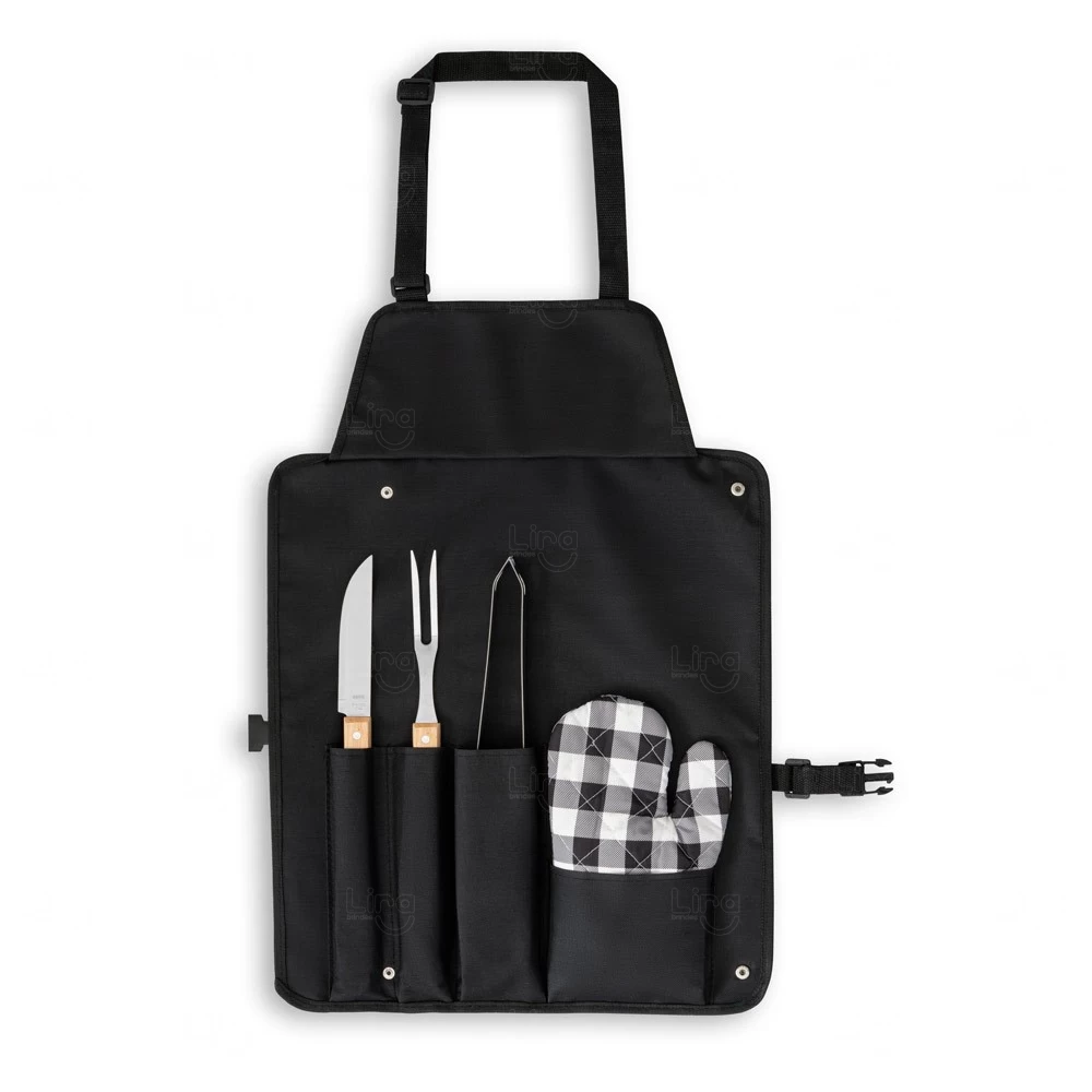 Kit Churrasco 4 Peças com Avental/Estojo, Faca, Garfo e Pinça 